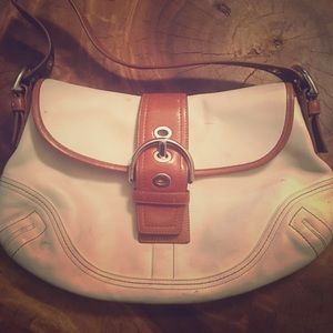 White and tan leather Coach bag